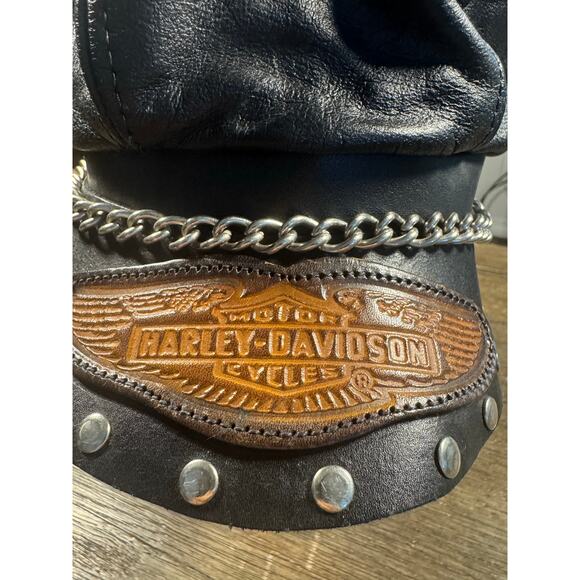 VTG 90s Harley Davidson Leather Captains Hat Studs/Chain Visor - Picture 5 of 8